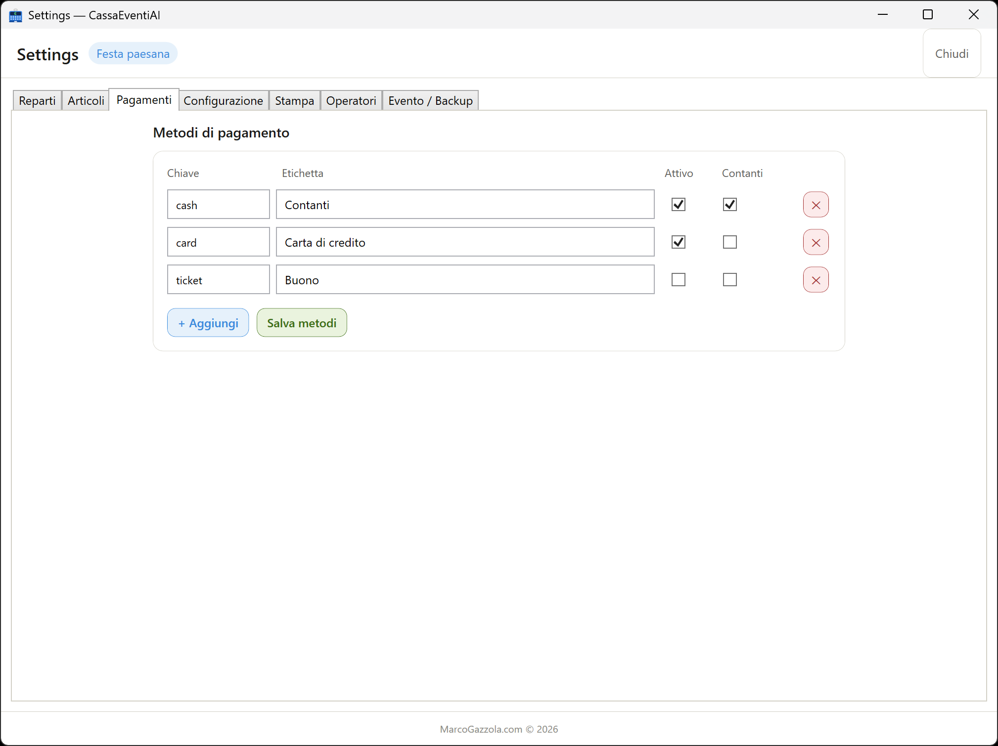 Settings - Gestione Pagamenti
