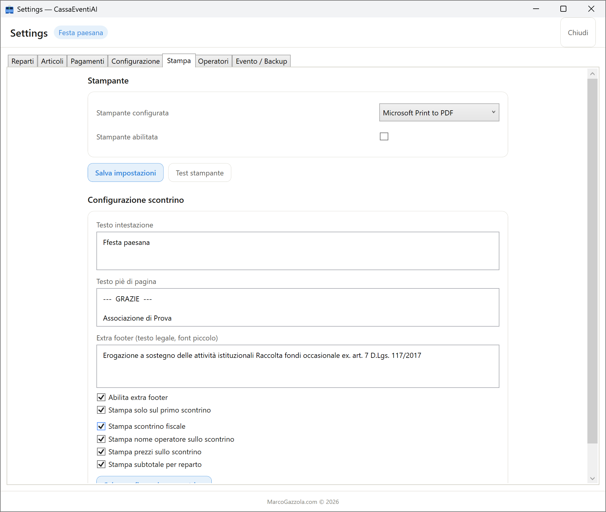 Settings - Configurazione Stampa