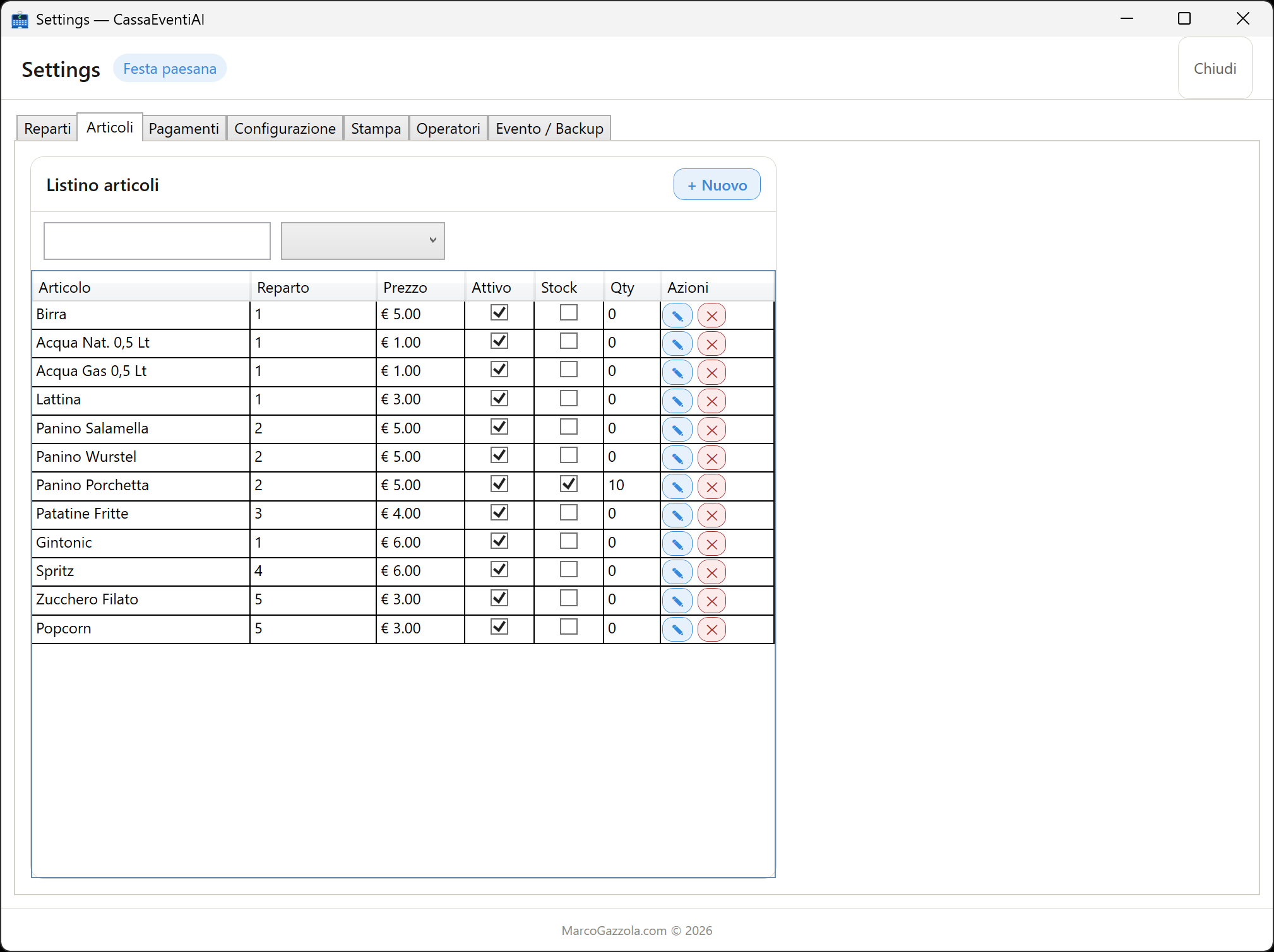 Settings - Gestione Prodotti